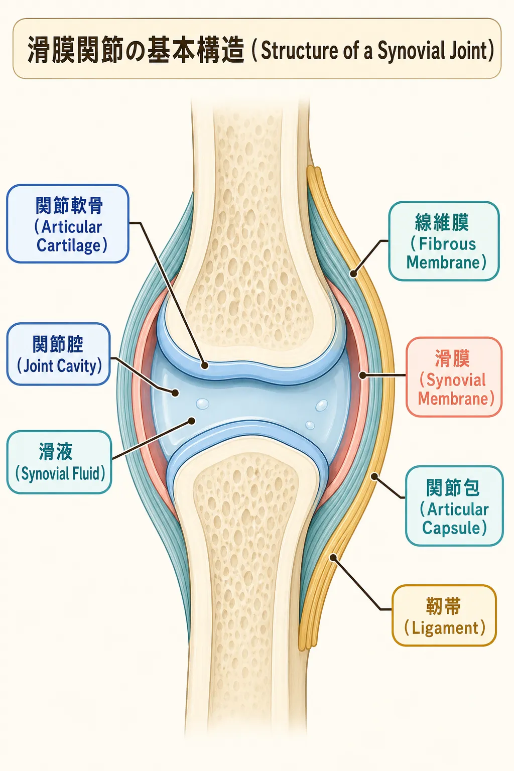 滑膜関節の<span class="jp-term jp-term-first"><span class="jp-term-ja">基本構造</span><span class="jp-term-en">basic structure</span><span class="jp-term-pair jp-term-ja-en" data-pagefind-ignore>基本構造（basic structure）</span><span class="jp-term-pair jp-term-en-ja" data-pagefind-ignore>basic structure（基本構造）</span></span>