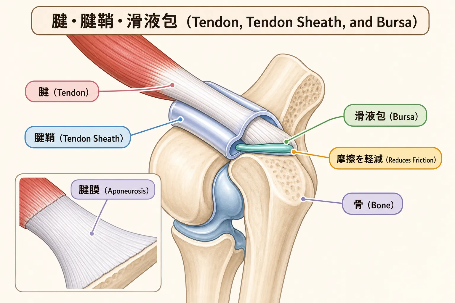 腱・<span class="jp-term"><span class="jp-term-ja">腱鞘</span><span class="jp-term-en">tendon sheath</span><span class="jp-term-pair jp-term-ja-en" data-pagefind-ignore>腱鞘(tendon sheath)</span><span class="jp-term-pair jp-term-en-ja" data-pagefind-ignore>tendon sheath(腱鞘)</span></span>・<span class="jp-term"><span class="jp-term-ja">滑液包</span><span class="jp-term-en">bursa</span><span class="jp-term-pair jp-term-ja-en" data-pagefind-ignore>滑液包(bursa)</span><span class="jp-term-pair jp-term-en-ja" data-pagefind-ignore>bursa(滑液包)</span></span>(Tendon, Tendon Sheath, and Bursa)